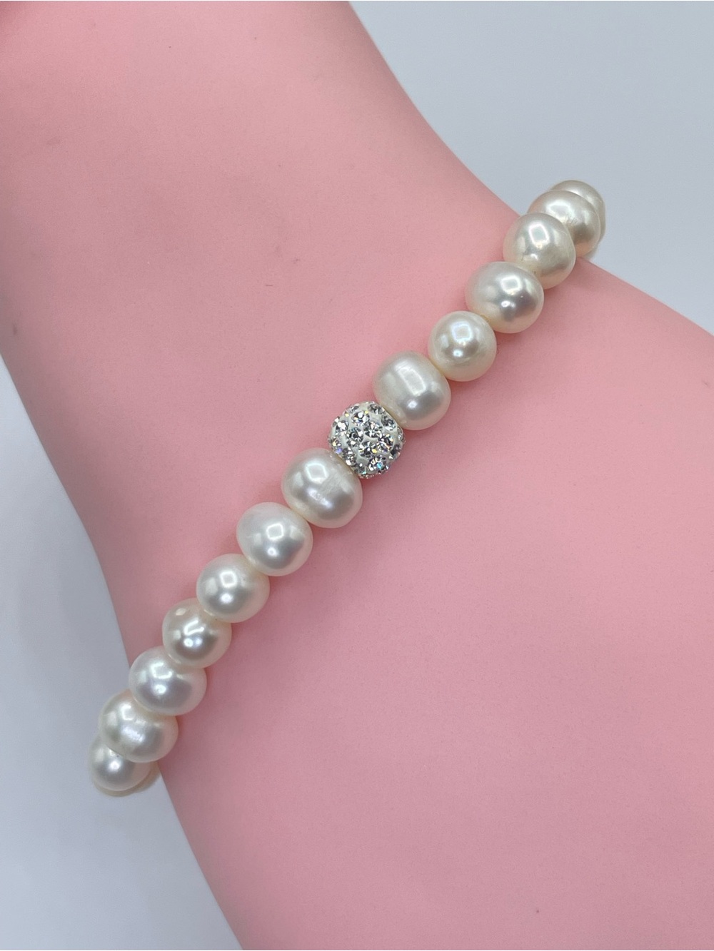 White Freshwater Pearl Crystal Rhinestone Stretch Bracelet Classic Bridal